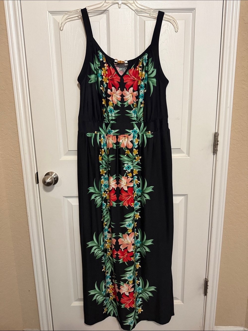 NY Collection Black Maxi Dress with Red, Pink & Green Floral Panel